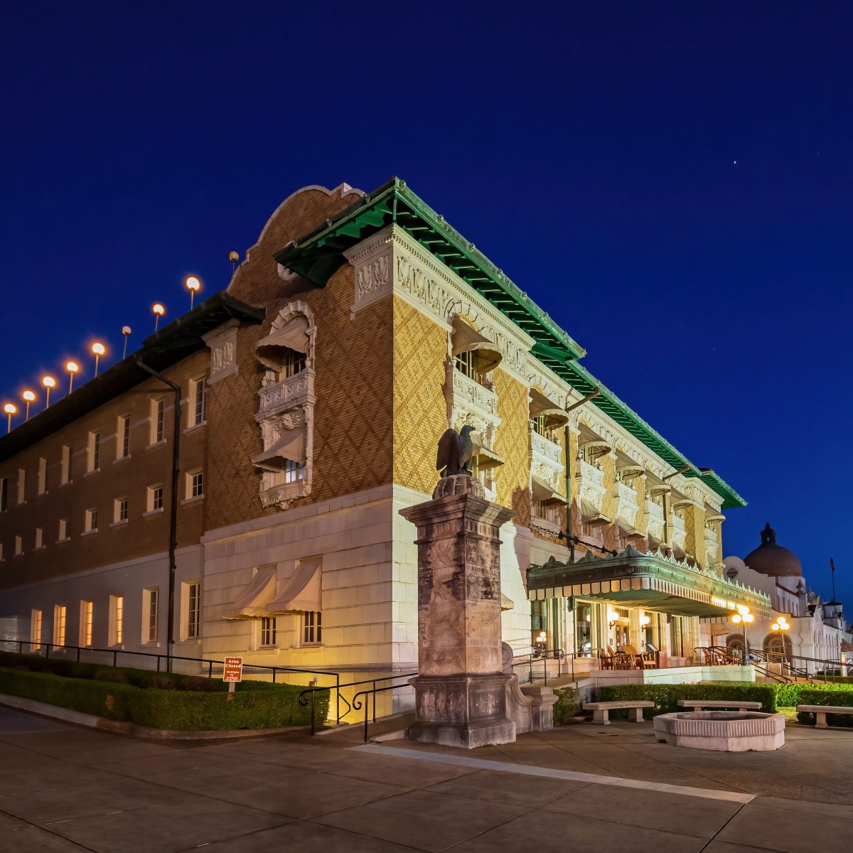 Night view of the Fordyce Bathhouse visitor center
